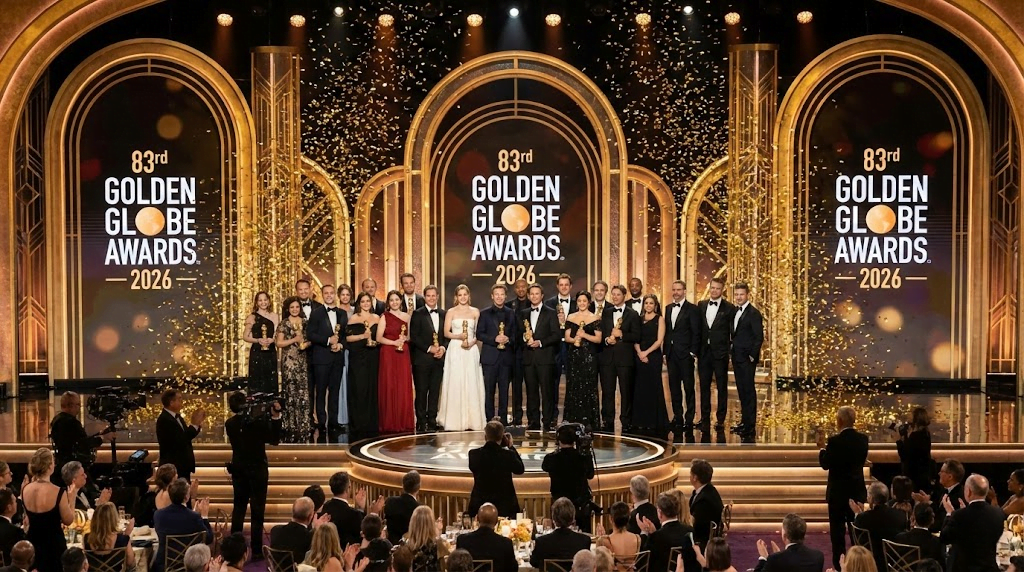 Golden Globe Winners 2026 cast of Hamnet and One Battle After Another on stage