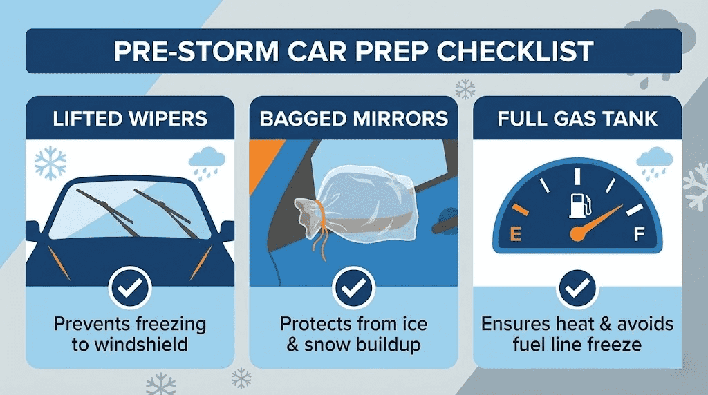 An infographic showing a "Pre-Storm Car Prep Checklist" including lifted wipers, bagged mirrors, and a full gas tank.