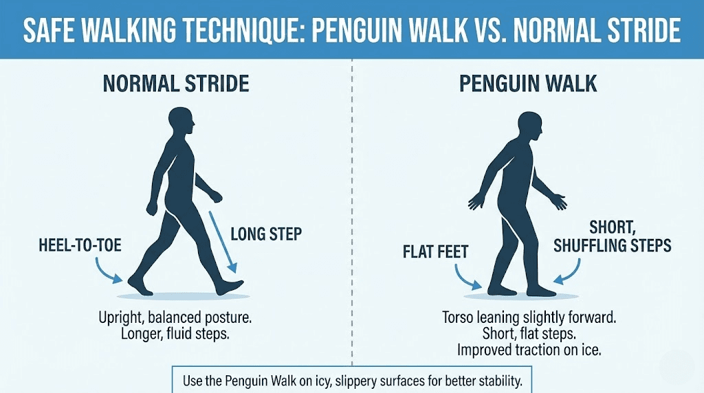 A diagram illustrating the "Penguin Walk" – torso leaning slightly forward, feet flat, short steps, contrasting with a normal stride.
