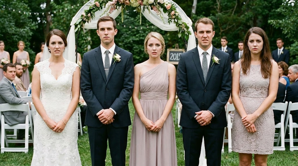 Tell Me Lies Season 3 cast in 2015 wedding timeline featuring Bree, Evan, and Stephen DeMarco looking tense.