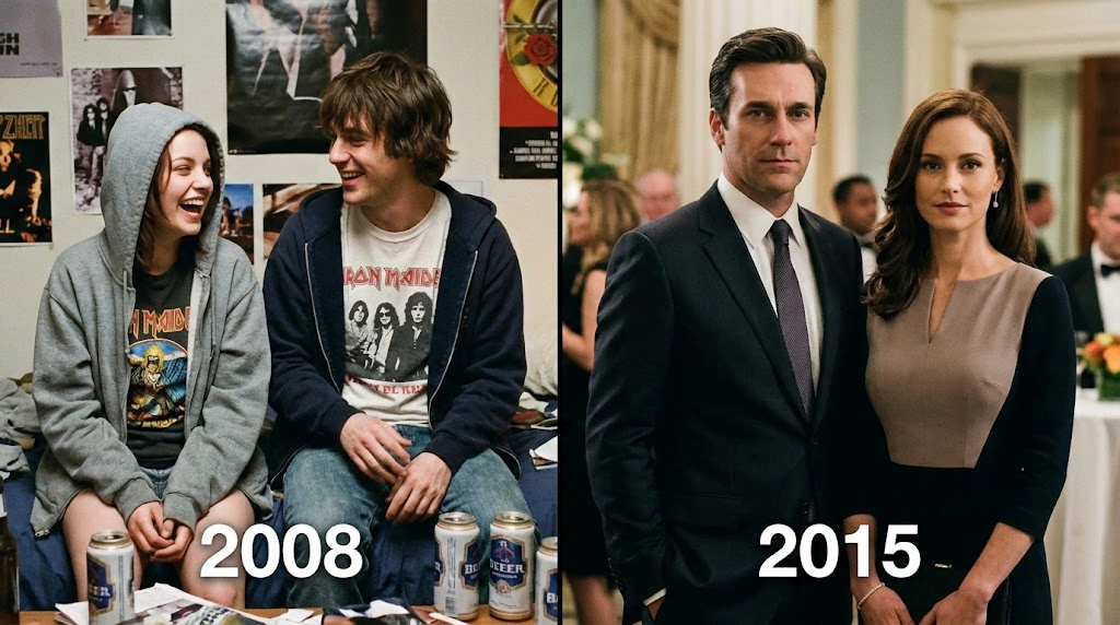 Comparison of Lucy and Stephen in 2008 Baird College vs 2015 wedding timeline in Tell Me Lies.