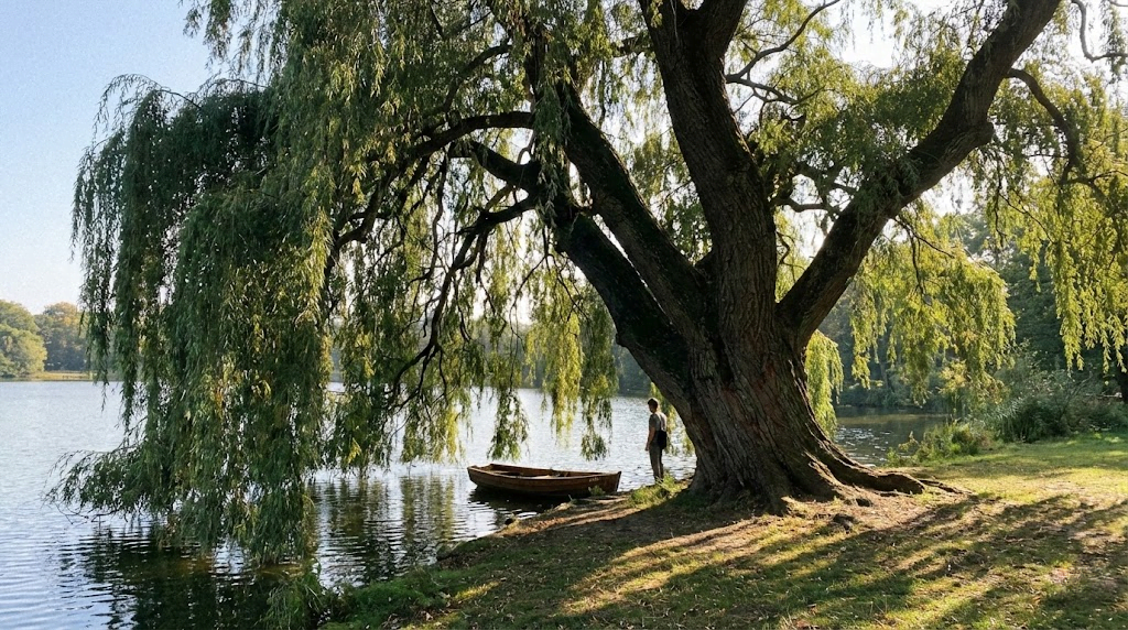 Mature Weeping Willow tree (Salix babylonica) showing large sweeping branches and size scale near water.