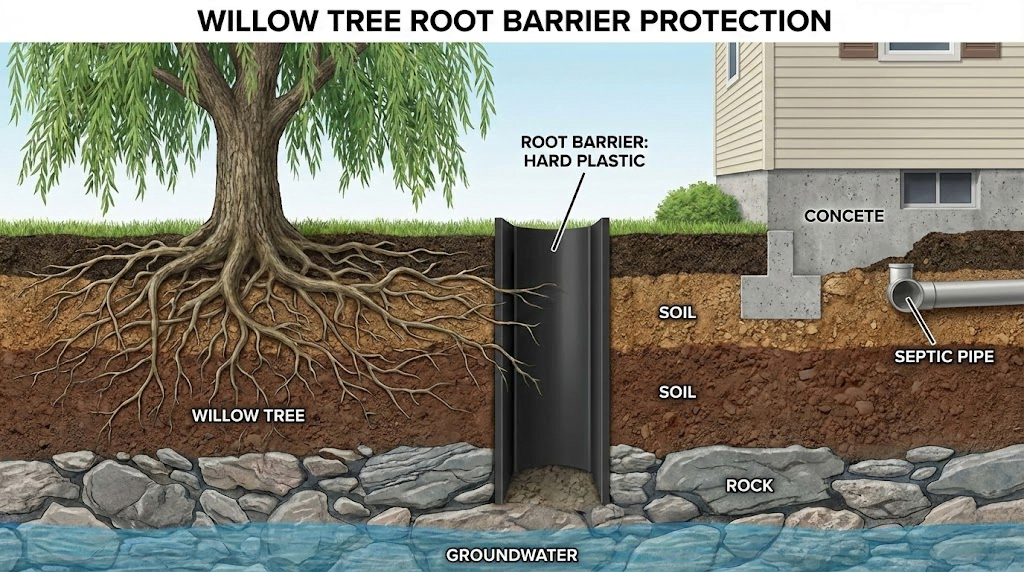 Diagram of tree root barrier installation protecting house foundation and pipes from invasive willow roots.