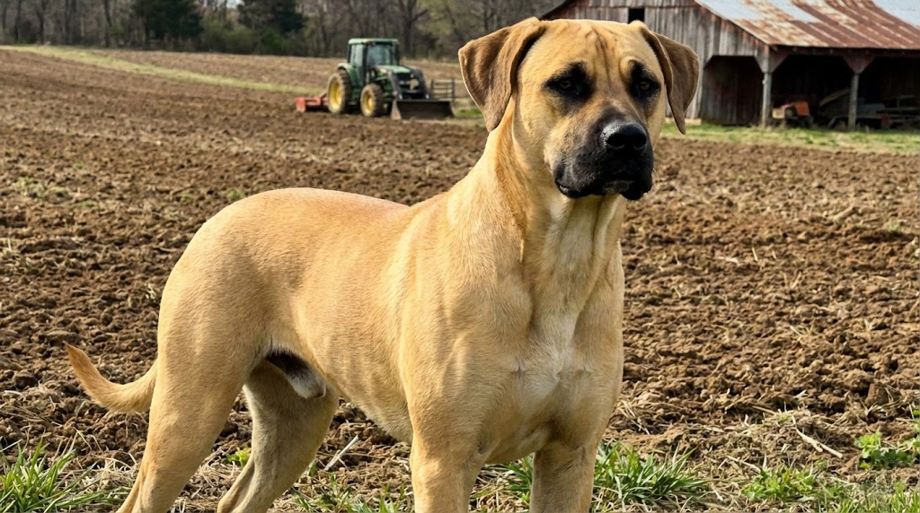 Yellow Black Mouth Cur dog with black mask standing in a field, exhibiting muscular build and alert temperament
