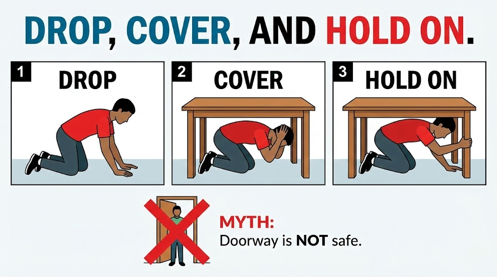 Earthquake safety infographic showing the Drop, Cover, and Hold On technique for earthquake preparedness.