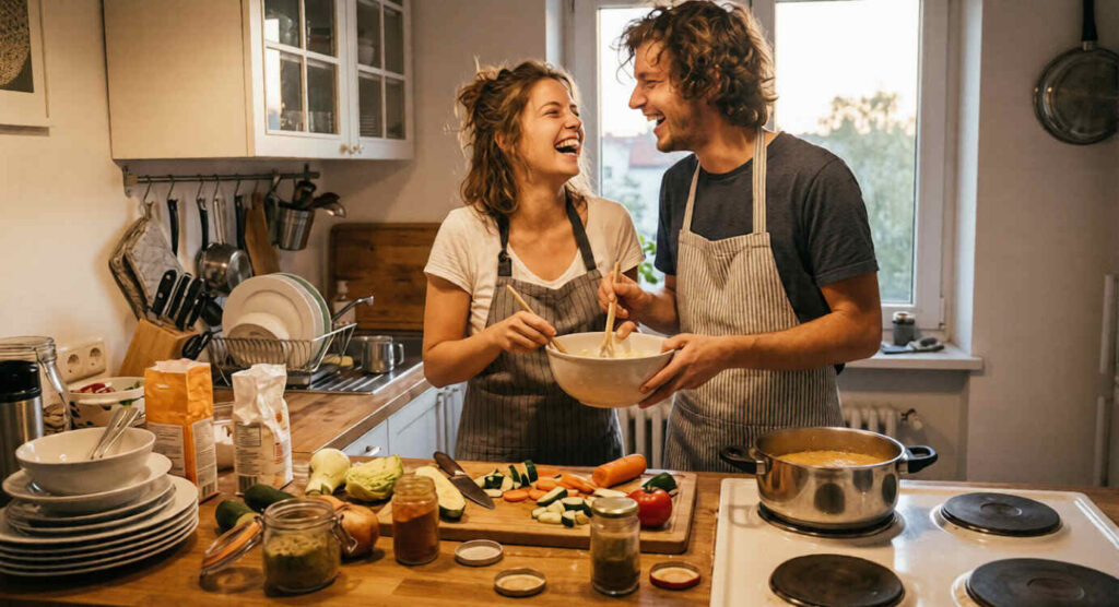 Couple cooking together at home for affordable Valentine's Day date idea 2026