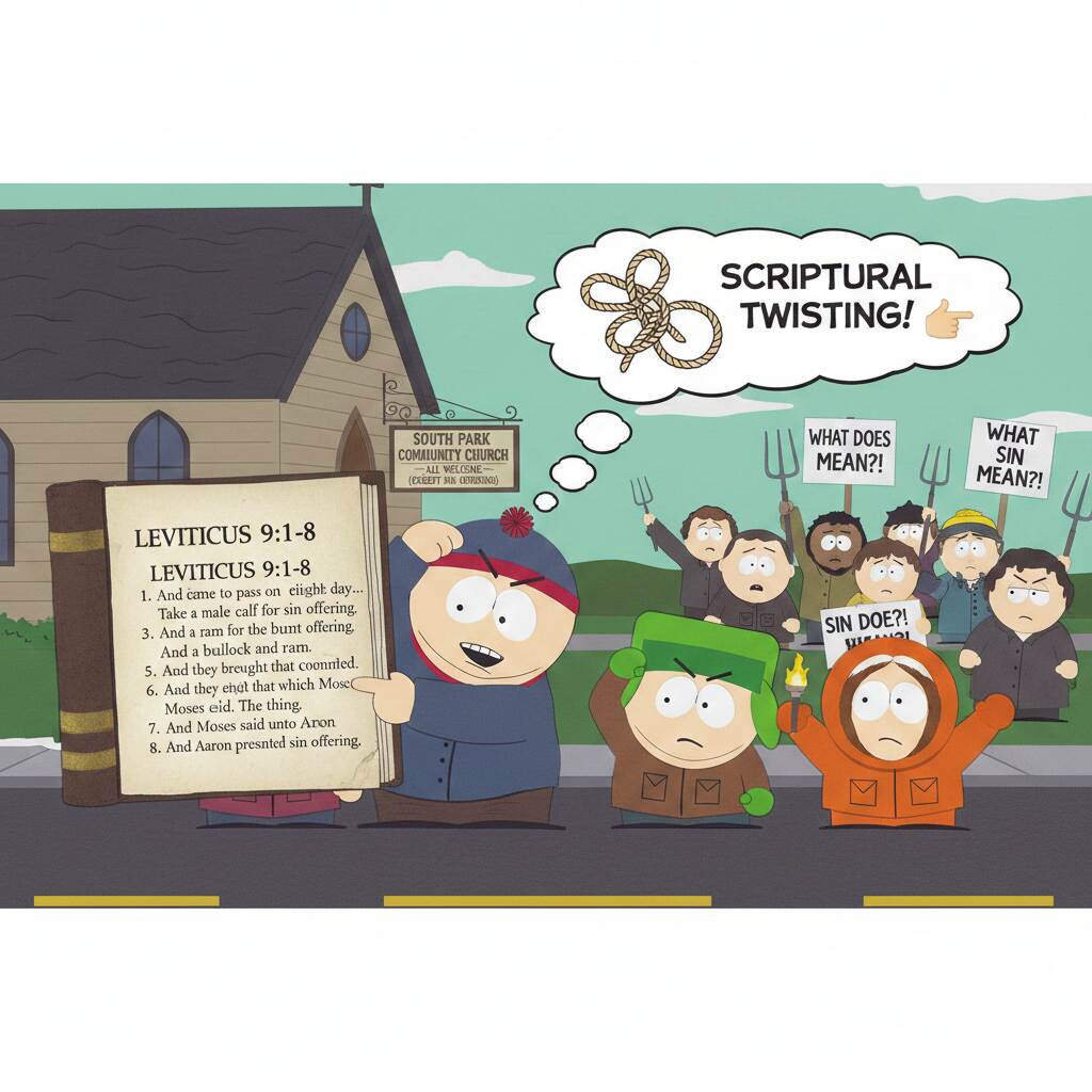 South Park Cartman Leviticus 9 1-8 scene screenshot with annotations highlighting Bible reference 2025